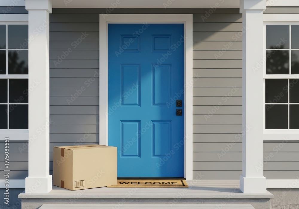Fototapeta premium Cardboard delivery box sitting on a welcome mat in front of a blue front door