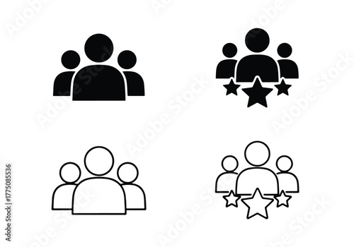 Teamwork group people icons stars set design - Vector icon symbol for website - Icon vector - Blue icon vector - Line and glyph solid icon set