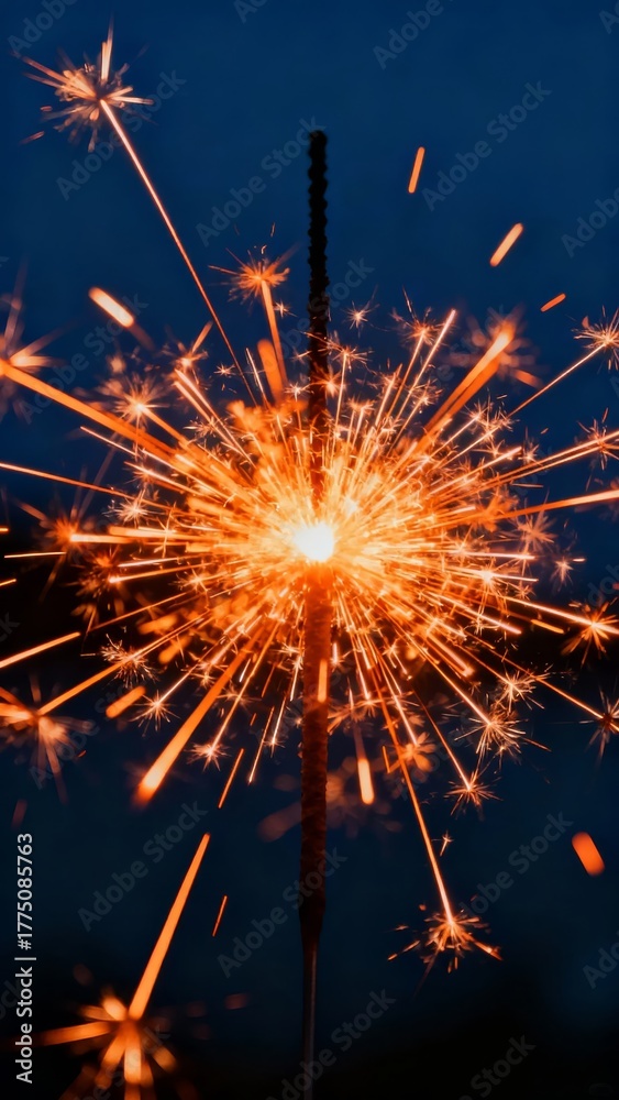 Obraz premium A vibrant sparkler bursts with golden sparks against a deep blue night sky, creating a dazzling display of light and motion.