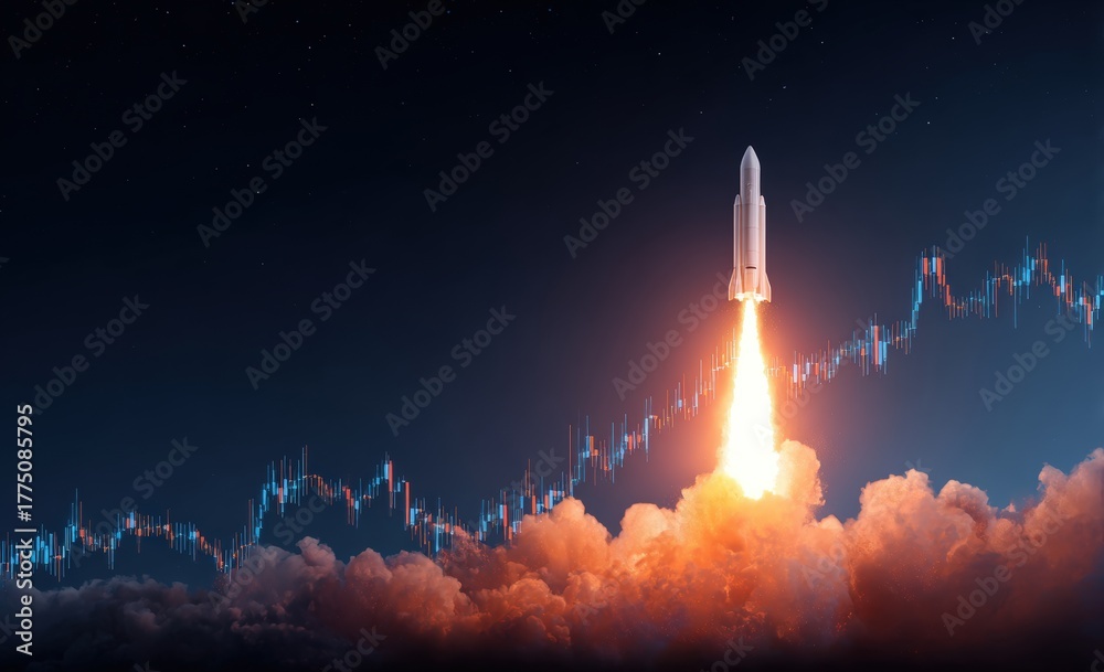 Fototapeta premium Rocket launch against a night sky, with a chart of financial data overlayed