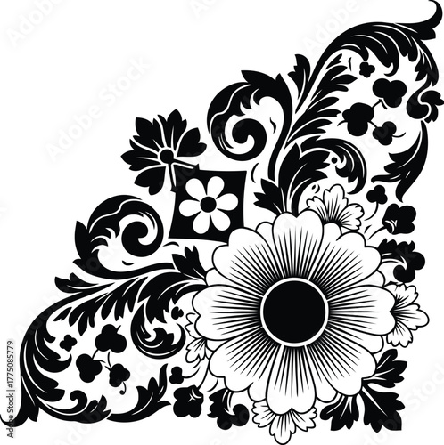 Grand ornamental corner design element featuring large stylized flowers and elaborate rococo swirls in black and white luxury vector illustration.