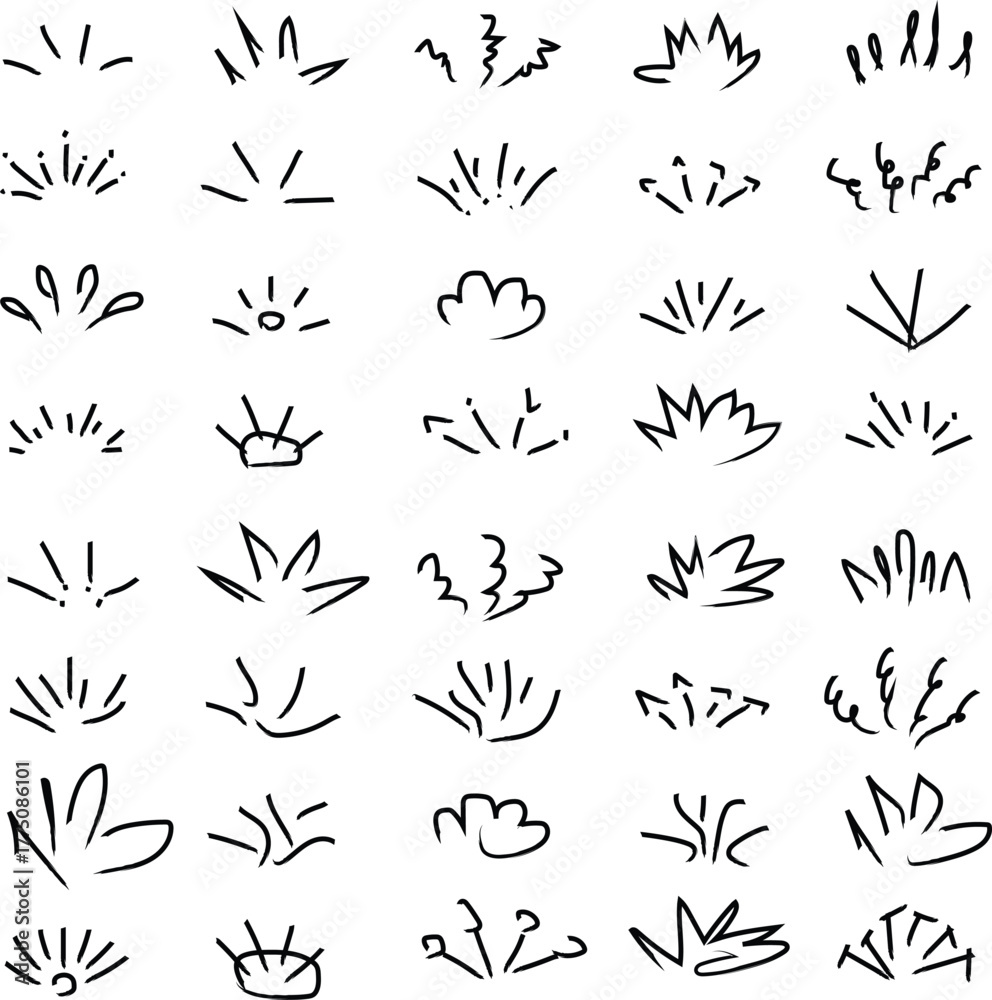 Fototapeta premium Collection of hand drawn grass clumps and sprouts