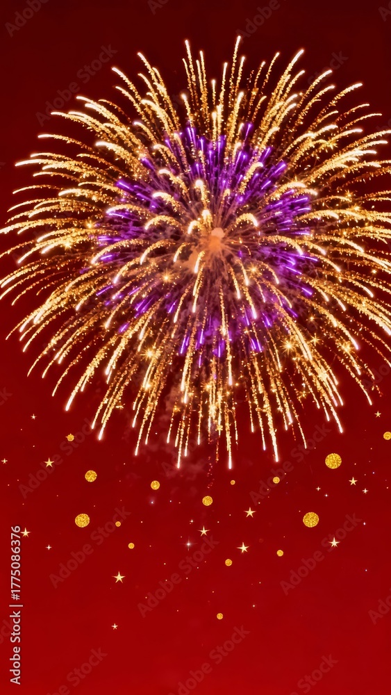 Fototapeta premium A vibrant burst of fireworks illuminates the night sky, showcasing a dazzling array of golden and purple sparks against a deep red backdrop.