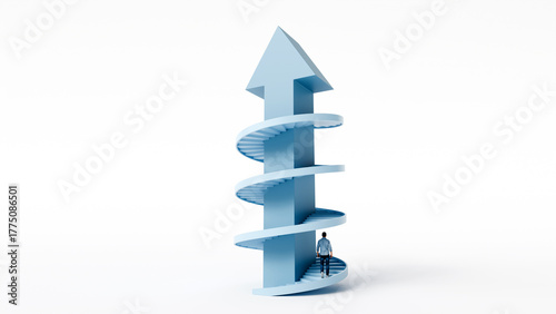Man going up the spiral stairs around a large upward arrow, concept of personal growth and ambition, 3d render