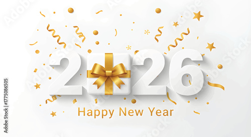 happy new year 2026 celebration with golden gift box and confetti on white background