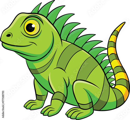 Cute cartoon green iguana with striped tail and spiky crest