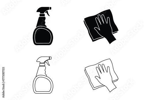 Cleaning supplies icons spray bottle glove and cloth set - Vector icon symbol for website - Icon vector - Blue icon vector - Line and glyph solid icon set