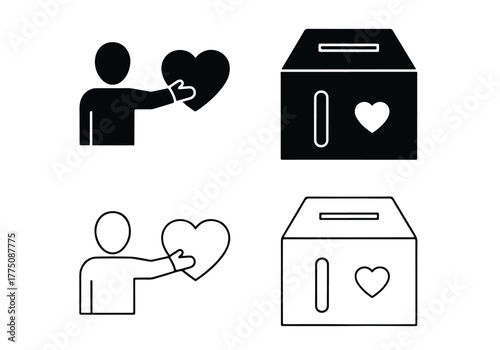 Charity donation icon set heart giving and collection box - Vector icon symbol for website - Icon vector - Blue icon vector - Line and glyph solid icon set