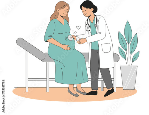 PrintIllustration of Pregnant Woman Receiving Prenatal Check-up from Doctor