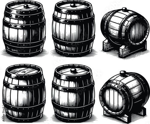 Collection of vintage wooden barrels in a woodcut illustration style
