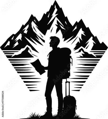 Backpacker with map and luggage in front of stylized mountains and lake