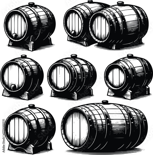 Collection of wooden barrels in a vintage, sketchy illustration style.