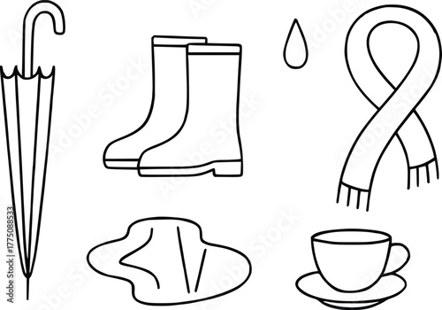 Autumnal rain gear and warm drink icon set for cozy weather