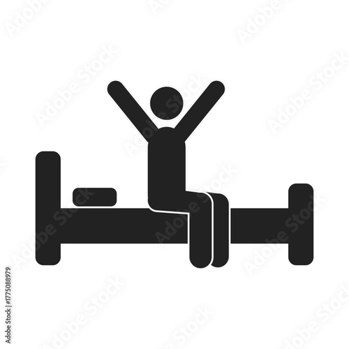 Isolated silhouette stick figure illustration of a person waking up in bed for daily health activity icon.