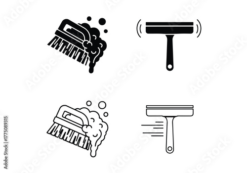 Cleaning tools brush squeegee soap bubbles icons set - Vector icon symbol for website - Icon vector - Blue icon vector - Line and glyph solid icon set