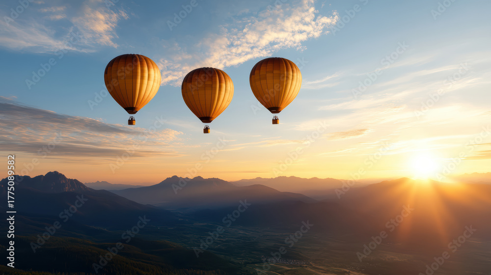 Fototapeta premium Hot air balloons float gracefully across tranquil morning sky, capturing beauty of dawn