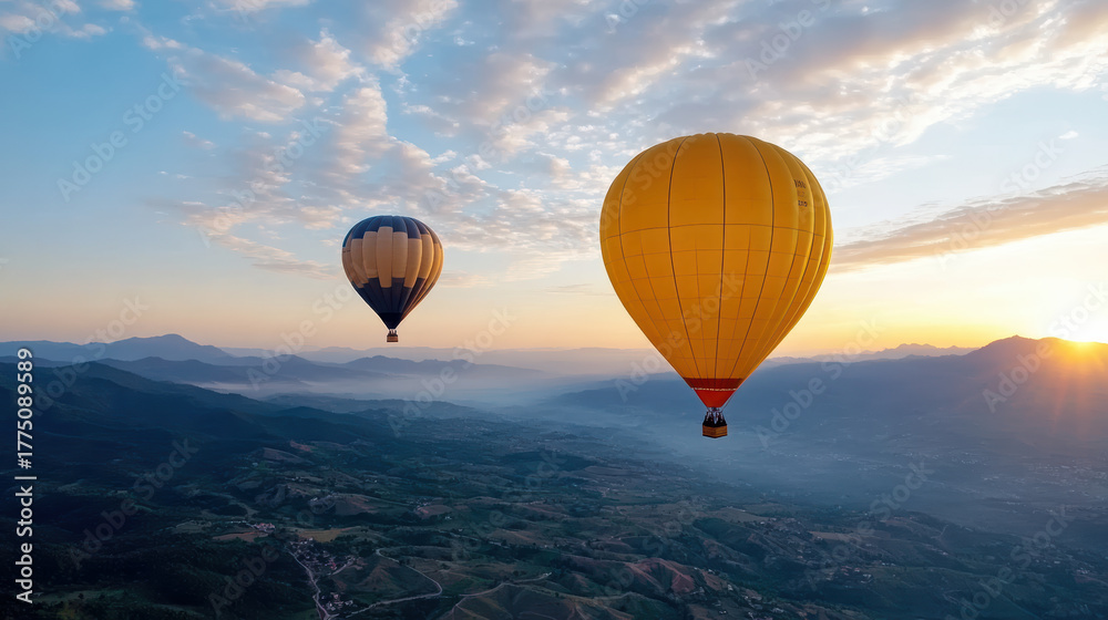 Naklejka premium Hot air balloons floating across serene morning sky, creating tranquil atmosphere