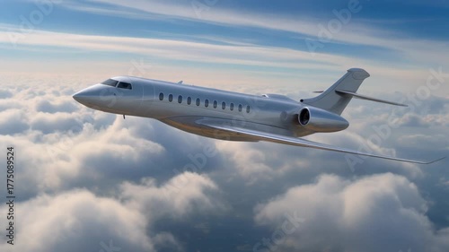 Sleek private jet soaring through fluffy clouds under a bright blue sky