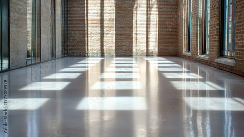 Bright, spacious interior with sunlight casting shadows on polished floor