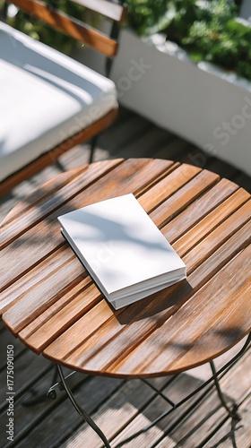 Blank white book mockup sits on a rustic round table outside in bright sunlight