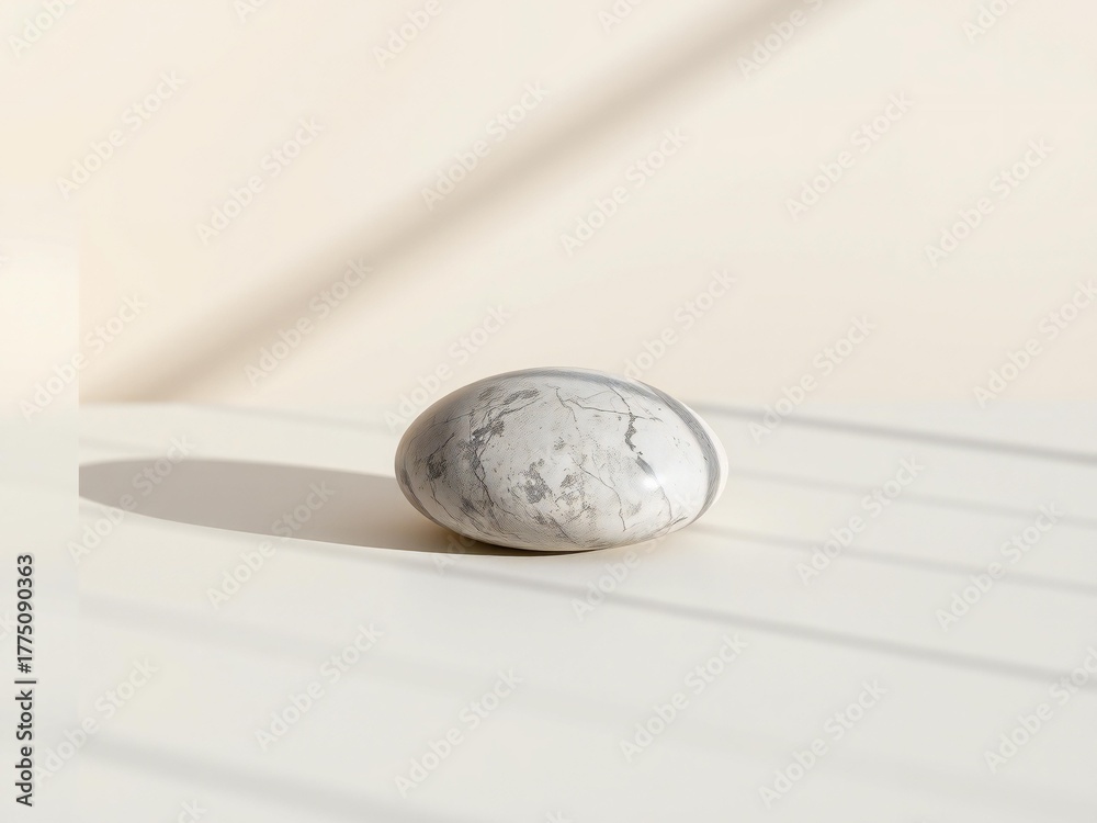 Fototapeta premium Single smooth grey and white speckled stone casting a shadow on a light surface