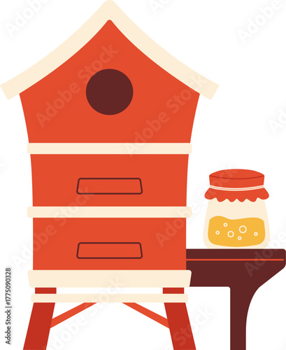 Red Beehive with Honey Jar Illustration