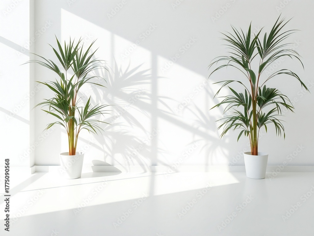 Fototapeta premium Two tall potted houseplants casting shadows on a white wall