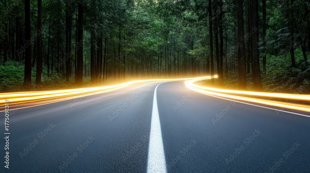 Fototapeta premium Curving road surrounded by lush trees, with light streaks from passing vehicles creating dynamic