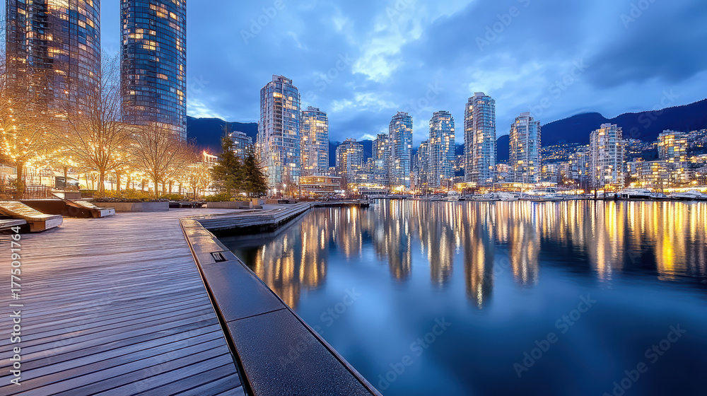 Obraz premium Vibrant city lights reflecting calm waterfront dusk, showcasing modern architecture and serene