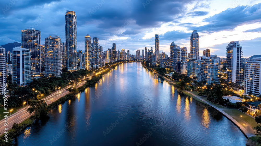Fototapeta premium City skyline at twilight reflecting on river, showcasing urban beauty and tranquility