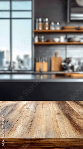 Rustic wooden table with a blurred modern kitchen backdrop and city view from window
