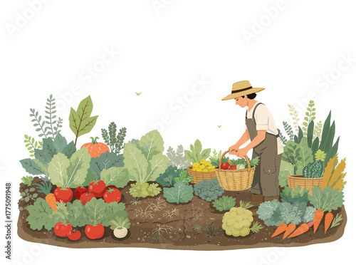 A diligent individual harvests a bountiful collection of fresh, homegrown vegetables from a vibrant organic garden, depicting a serene and sustainable approach to food cultivation and healthy living