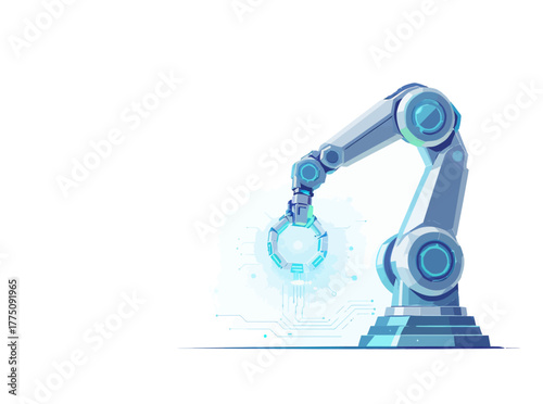Futuristic robotic arm with glowing blue light, symbolizing advanced technology and automation in industry