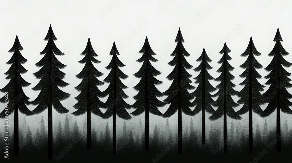 Obraz premium Monochrome Illustration of Dense Evergreen Trees in Forest Landscape Design