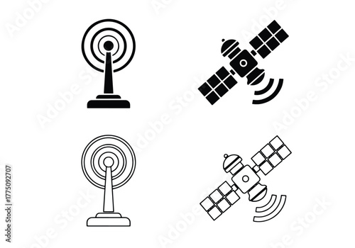 Wireless signal transmission icons satellite and antenna set - Vector icon symbol for website - Icon vector - Blue icon vector - Line and glyph solid icon set