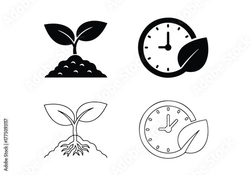 Growth and time icons seedling and clock icons - Vector icon symbol for website - Icon vector - Blue icon vector - Line and glyph solid icon set