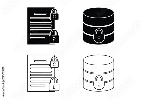 Secure data icons document database lock security concepts - Vector icon symbol for website - Icon vector - Blue icon vector - Line and glyph solid icon set