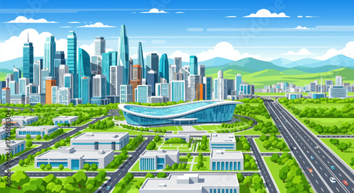 Conceptual vector illustration of a modern green city with a bustling downtown skyline and advanced infrastructure