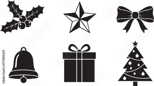 Festive Christmas icons for holiday designs with a bell, tree, star, gift, bow, and holly, ready to spread seasonal cheer in your creative projects