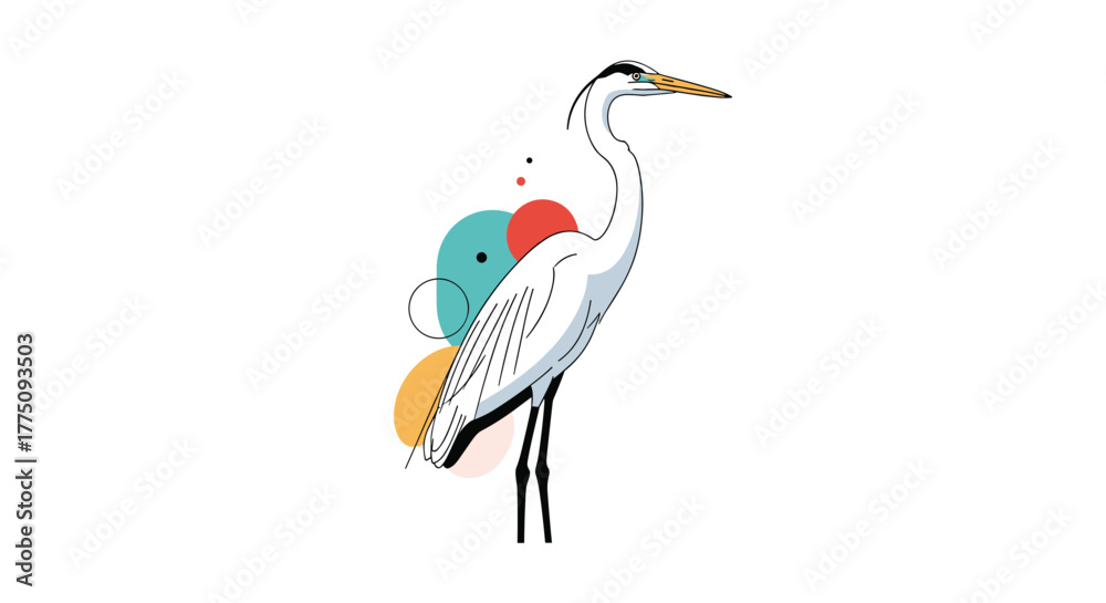 Fototapeta premium Stylized illustration of a white heron standing amidst colorful abstract circles and dots.