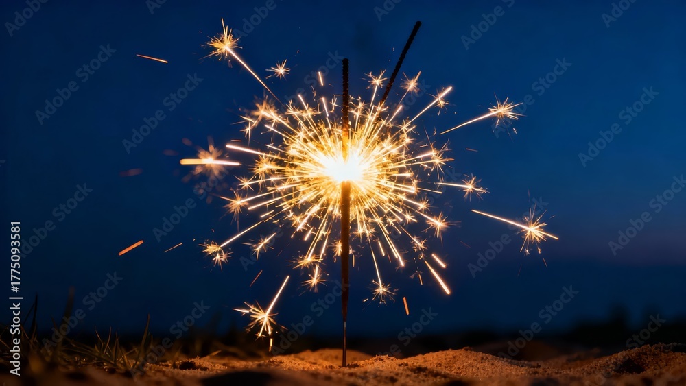 Obraz premium A dazzling firework bursts with bright sparks against a dark night sky, illuminating the sandy ground below.