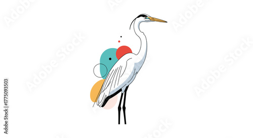 Stylized illustration of a white heron standing amidst colorful abstract circles and dots.