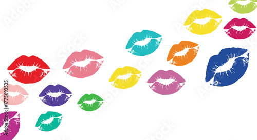 Colorful kiss imprints arranged in a dynamic pattern on a white background.