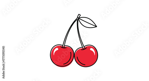 A simple, stylized illustration of two bright red cherries with stems and a single green leaf on a white background.