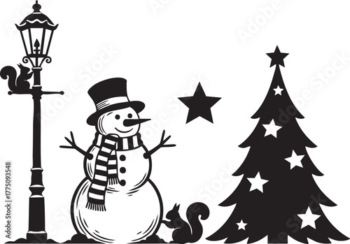 Festive Christmas scene with snowman, stars, squirrels, and a decorated tree ready for holiday cheer and winter wonderland celebrations