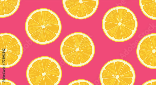 Seamless pattern of bright yellow lemon slices on a vibrant pink background.