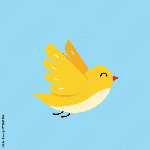 Cute yellow bird with a red beak and smiling face flies gracefully across a light blue background.