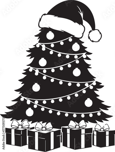 Festive christmas tree with santa hat and gifts brings holiday cheer and joyful anticipation of winter celebrations with loved ones this season