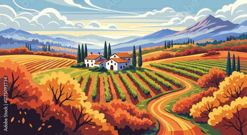 Scenic autumn vineyard landscape with a traditional villa and rolling hills, a beautiful countryside vector illustration