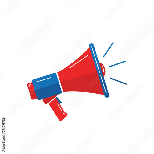 A vibrant red and blue megaphone illustration with radiating sound waves, symbolizing public announcement, attention, and important messages.